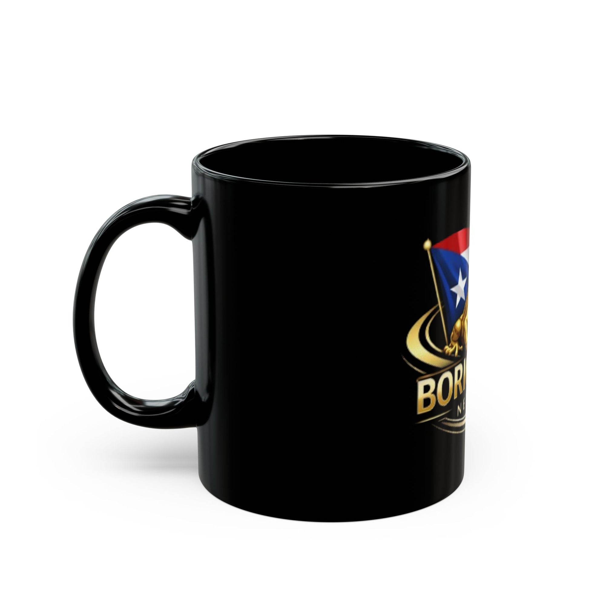 BoricuaBC2 Show Coffee Mug 11 11oz15oz, glossy black ceramic mug featuring Puerto Rican flag and coquí frog design.
